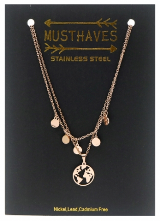 Ketting 2 laags wereld en muntjes rvs rosegoud 2