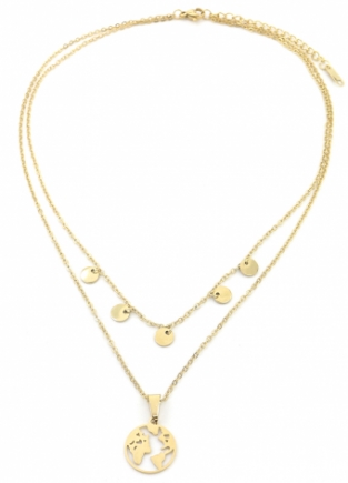 Ketting 2 laags wereld en muntjes rvs goud 3