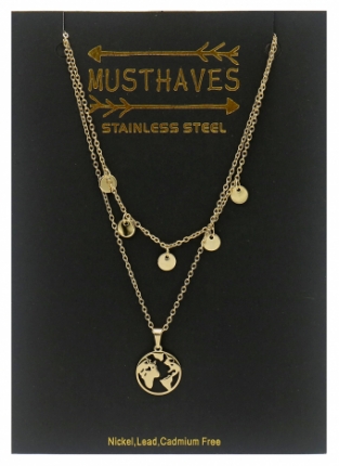 Ketting 2 laags wereld en muntjes rvs goud 2
