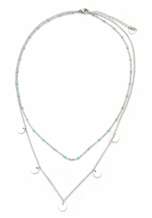 Ketting fijn 2-laags Muntjes RVS zilver-turquoise