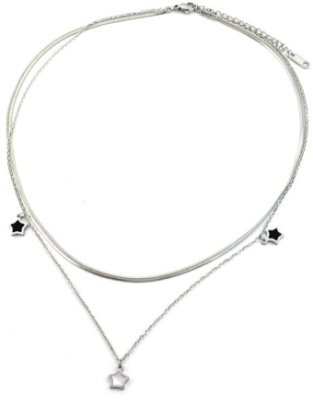 Ketting 2 laags Sterren st-steel zilver-zwart 2