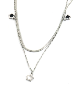 Ketting 2 laags Sterren st-steel zilver-zwart