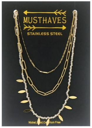 Ketting 3-laags Charms & glaskralen s-steel goud 3