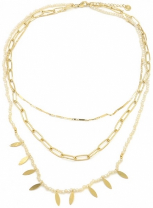 Ketting 3-laags Charms & glaskralen s-steel goud
