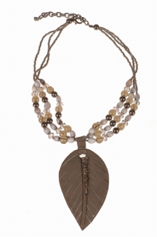Ketting collier Veer en kralen leer taupe-bruin 2