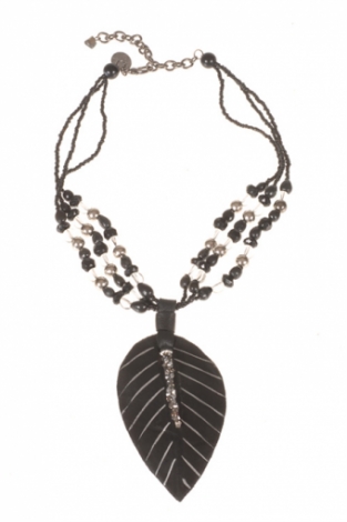 Ketting collier Veer en kralen leer zwart 2