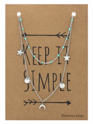 Ketting 2-laags Stars & Coins zilver-turquoise
