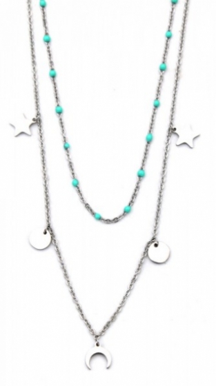 Ketting fijn 2-laags Maan & Sterren RVS zilver-turquoise.