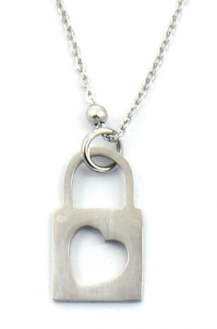 Ketting fijn Slot met hart rvs zilver