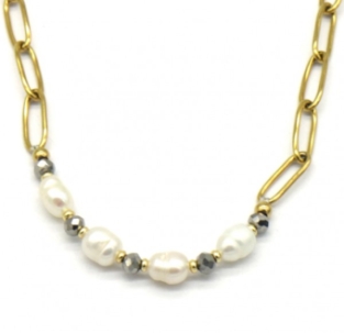 Ketting schakels & zoetwaterparels RVS goud