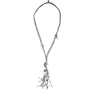 Ketting lang Amulet & Muntjes grijs-zilver