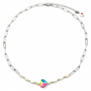 Ketting rainbow hart & parels rvs zilver