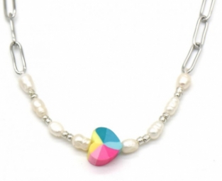Ketting rainbow hart & parels rvs zilver 2