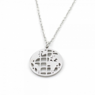 Ketting Wereldbol stainless steel zilver.