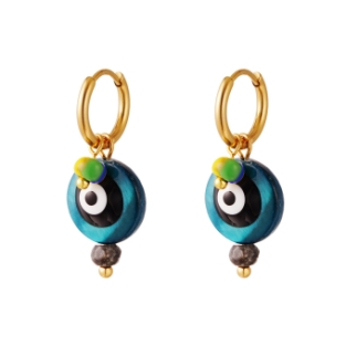 Oorbellen hoops & oog rvs blauw-goud